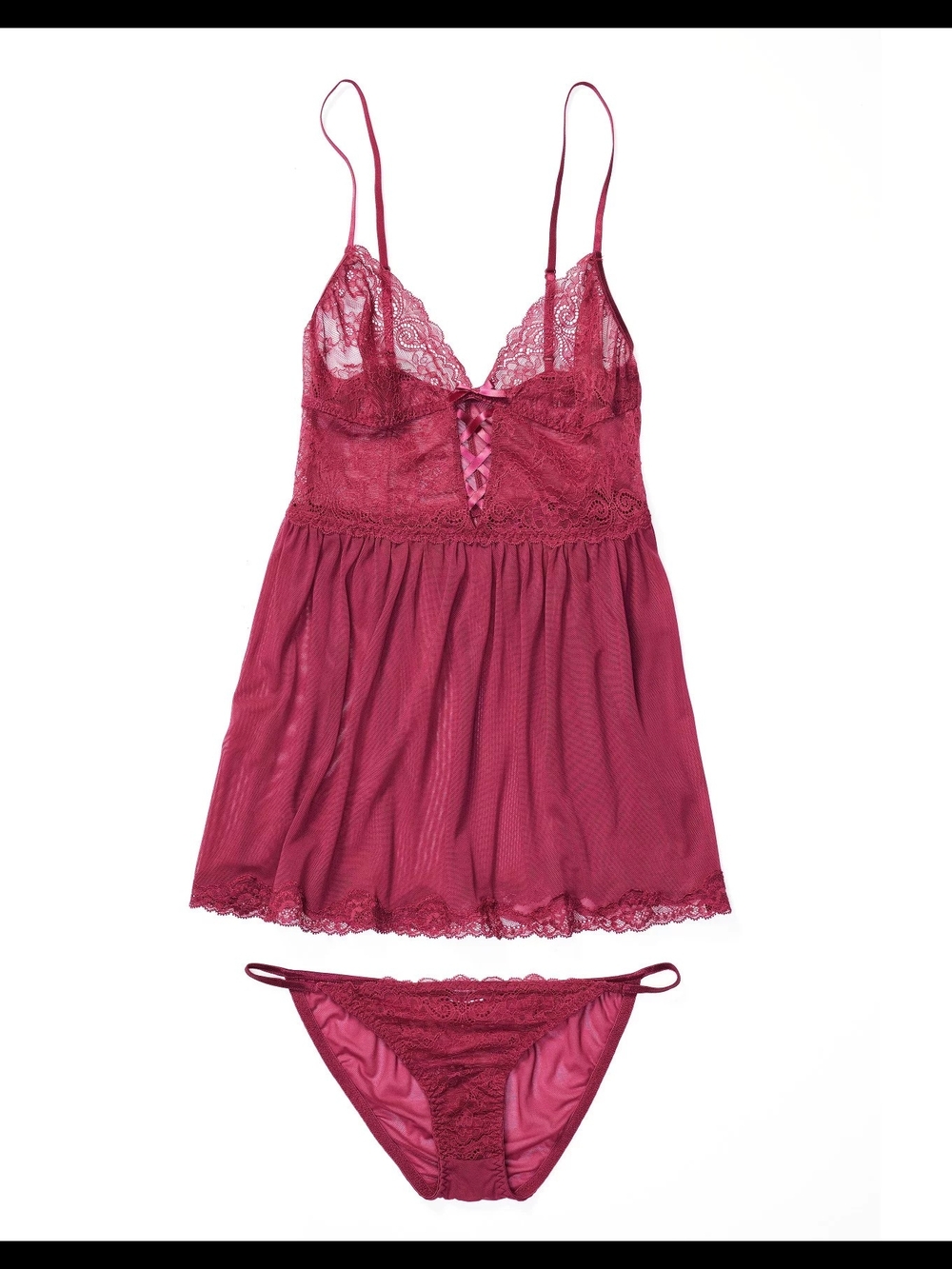 Adore Me Yolandi XS Lace Set Trim Mesh Chemise & Bikini Set - Berry BNWT